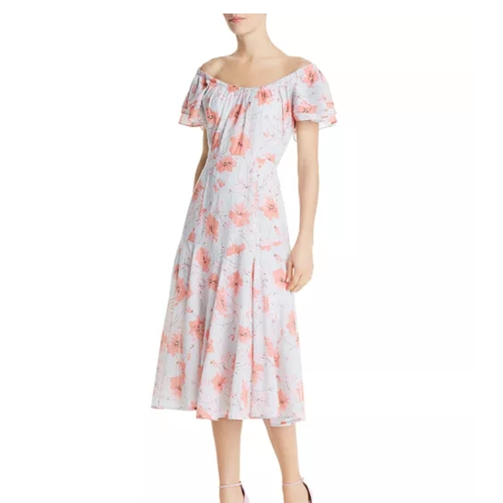 Rebecca Taylor Orange Pink Off-Shoulder Puff Sleeve Sundress